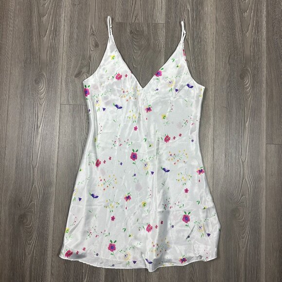 Kim Rogers White Satin Slip Dress with Pastel Floral Print Size L - Picture 1 of 7